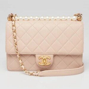 Chanel Pink Quilted Lambskin Leather Small Chic Pearls Flap Bag